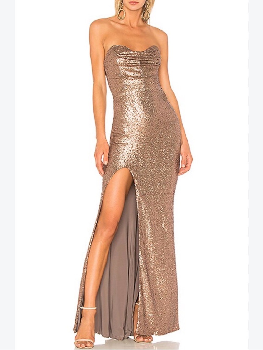 Nookie Valentina Metallic Bronze Sequin Strapless Bodycon Gown Maxi Dress Small